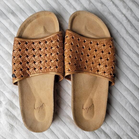 Woven Slide Sandals 7.5 Boho Cottagecore Cork Footbed Tan Leather Mules - Picture 2 of 6
